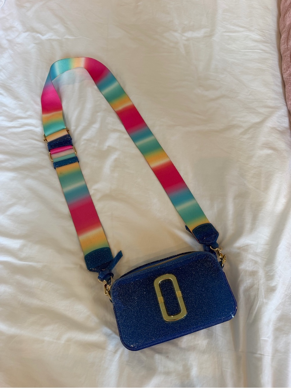 Blue Glitter Crossbody Camera Bag with Rainbow Strap